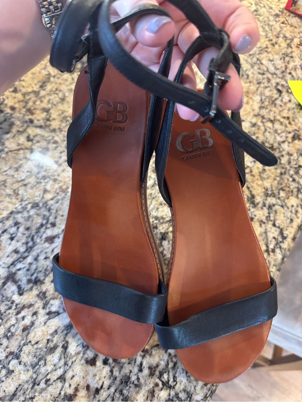Gianni Bini Black and Brown Leather Ankle-Strap Sandals